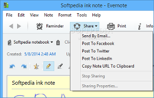 Showing the sharing options in Evernote